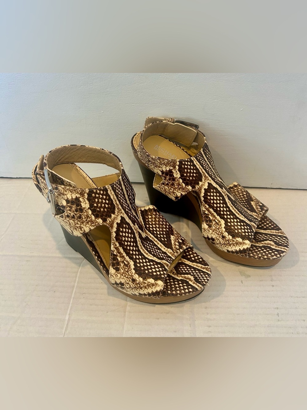 Michael Kors Snake-Print Wedge Sandals in Brown and Cream
